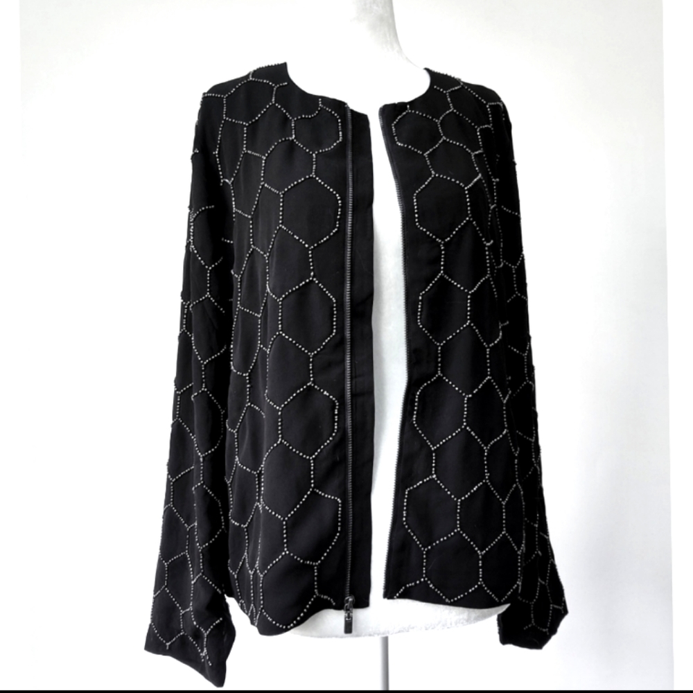 Chico's Honeycomb Beaded Jacket Chiffon Zip Front Size Medium - Picture 9 of 9